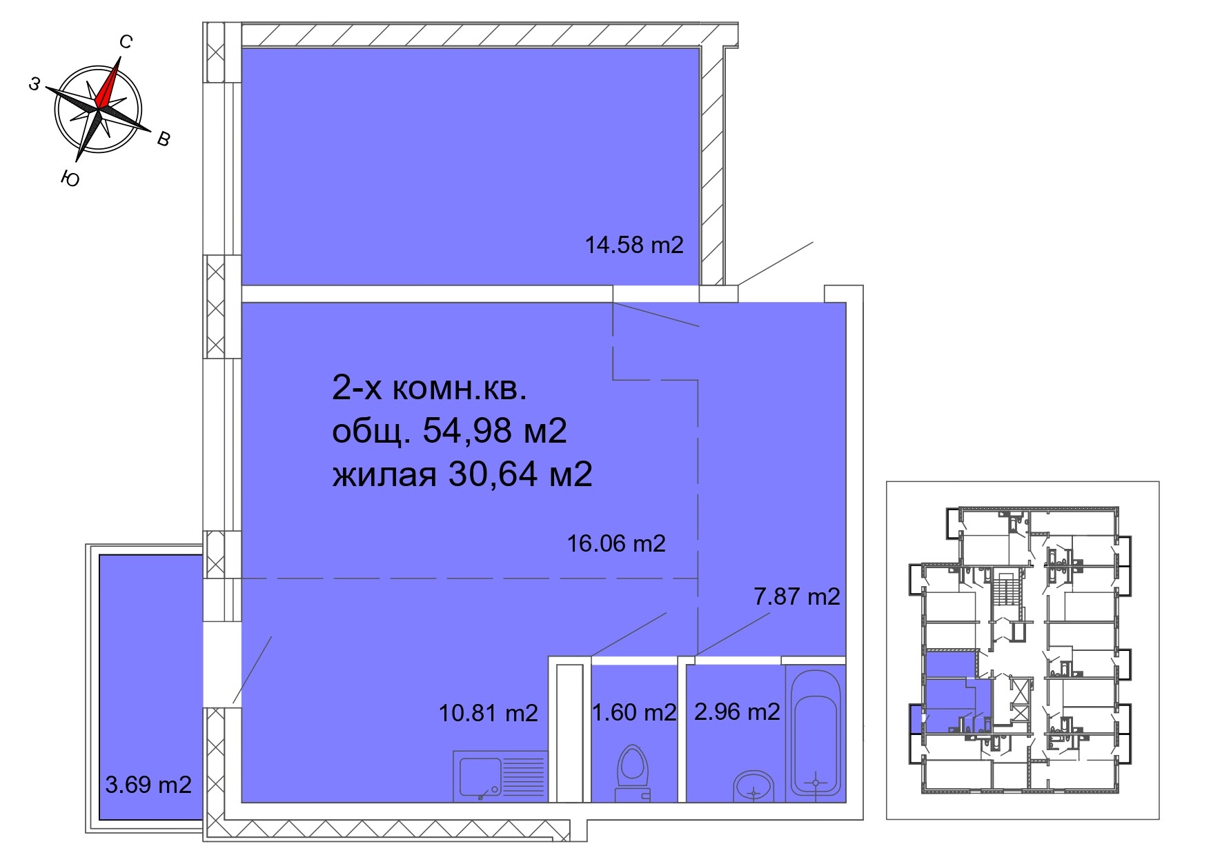 2 комнатная квартира, 54.98 м²