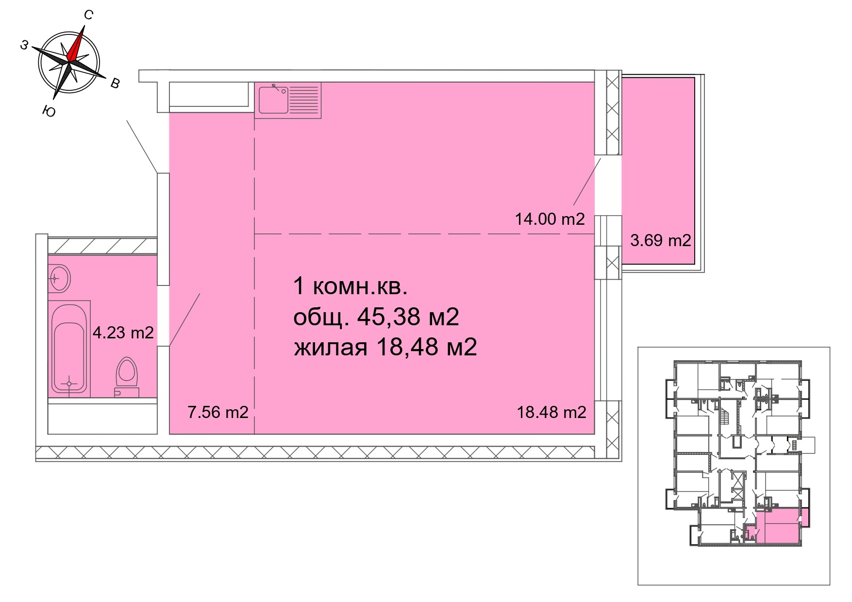 1 комнатная квартира, 45.38 м²