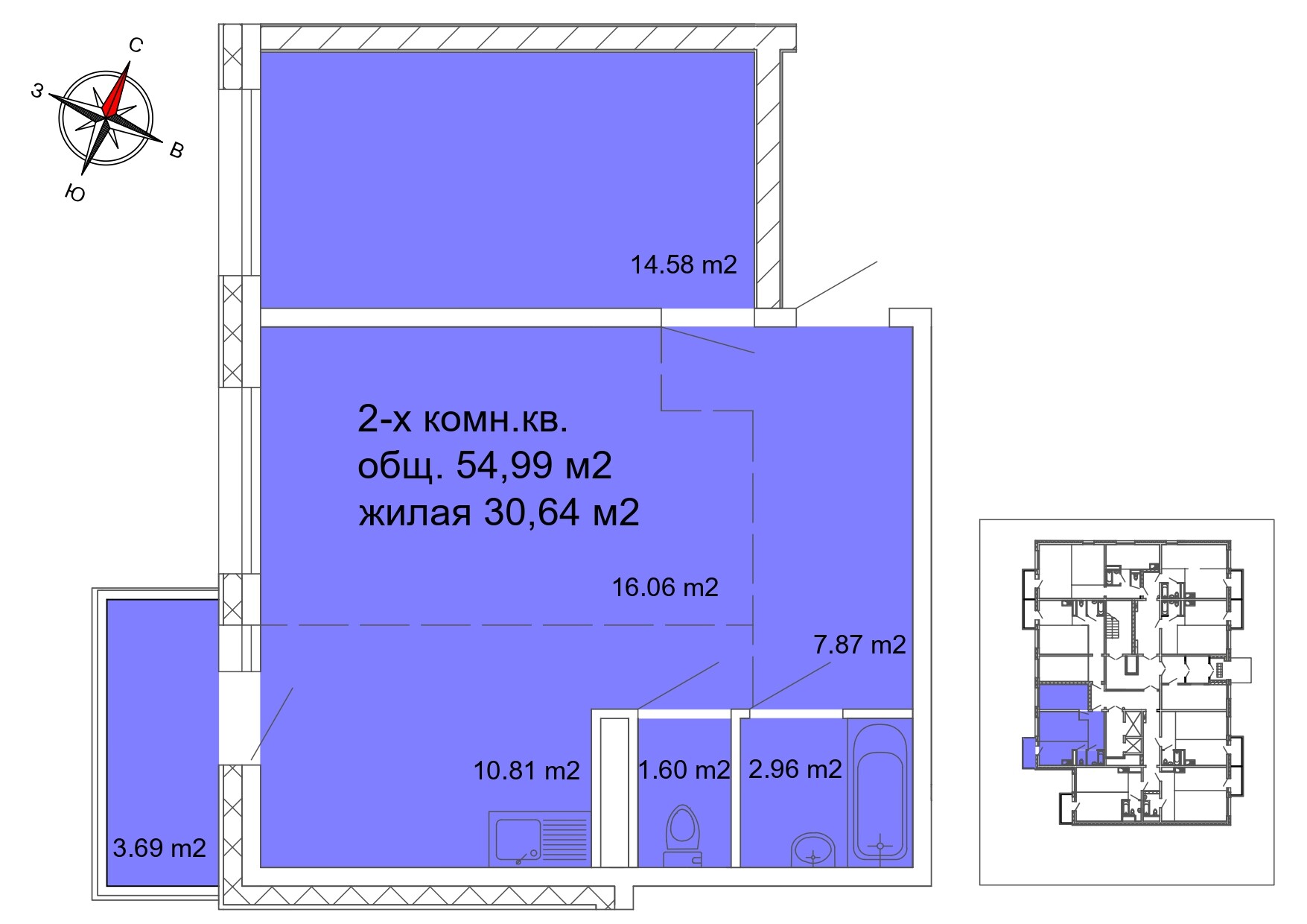 2 комнатная квартира, 54.99 м²